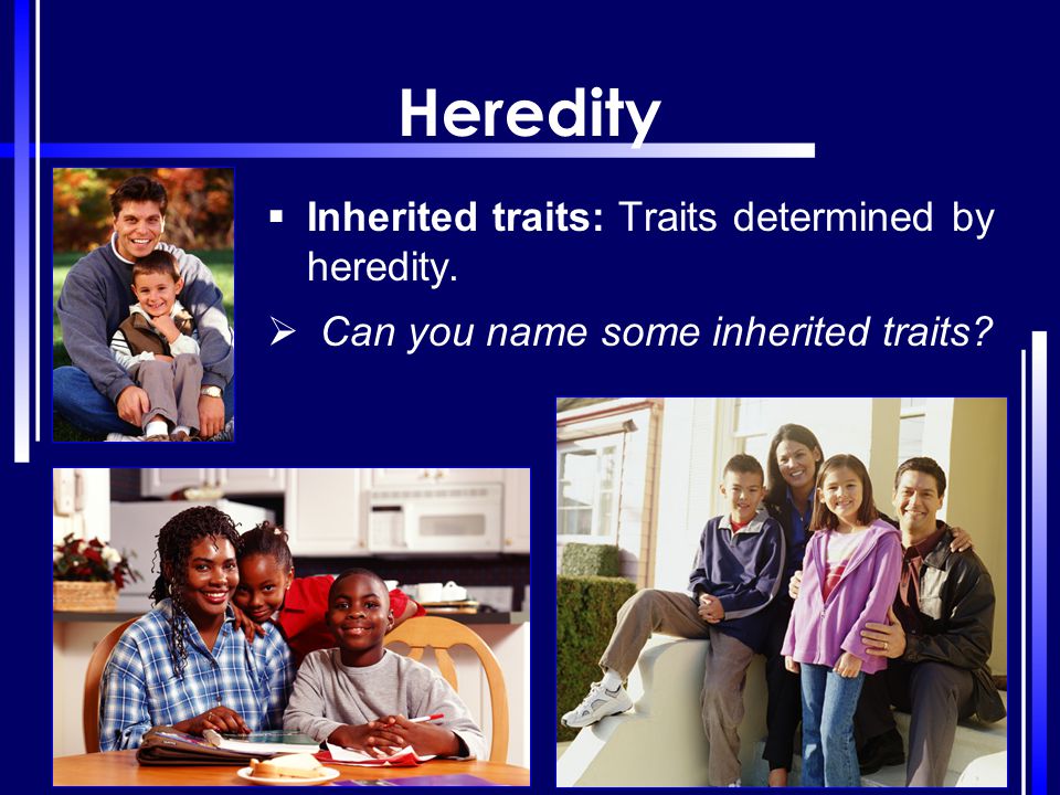 Heredity Inherited traits: Traits determined by heredity.