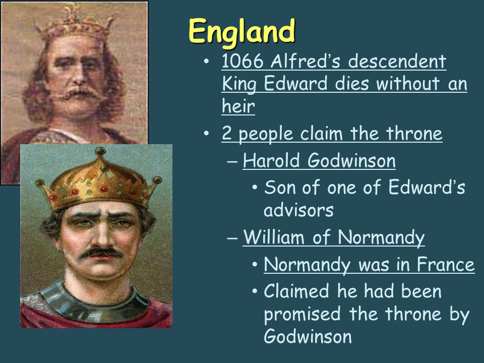 England 1066 Alfred’s descendent King Edward dies without an heir