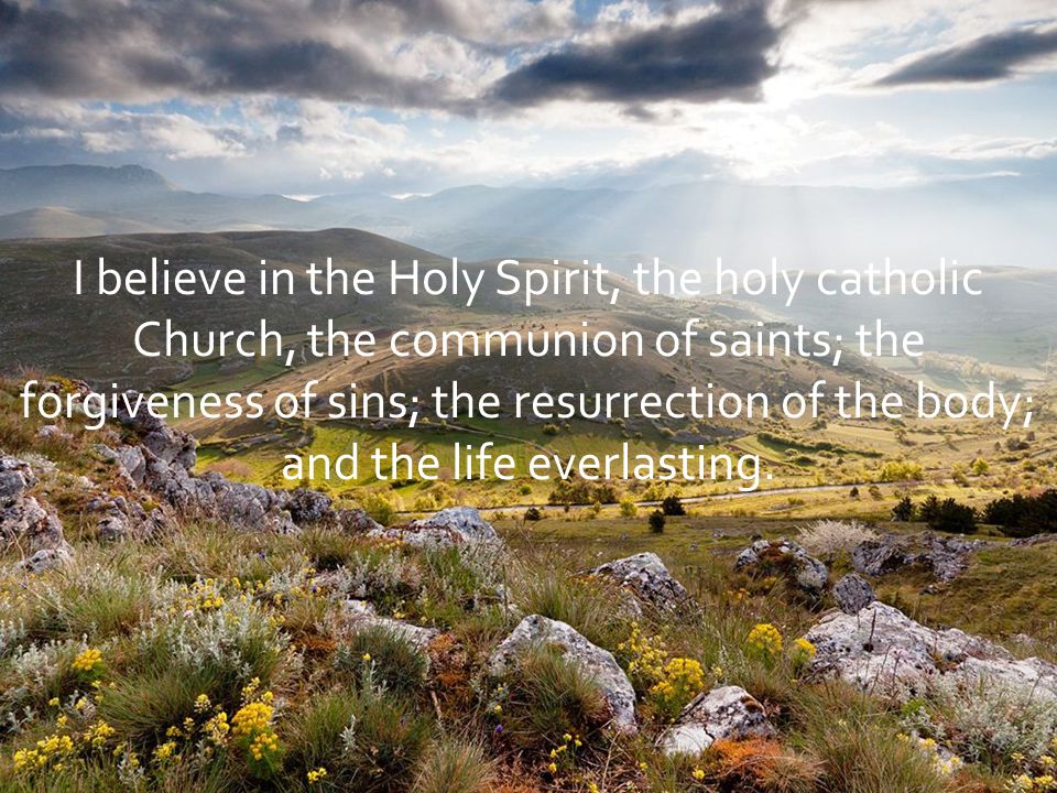 I believe in the Holy Spirit, the holy catholic Church, the communion of saints; the forgiveness of sins; the resurrection of the body; and the life everlasting.