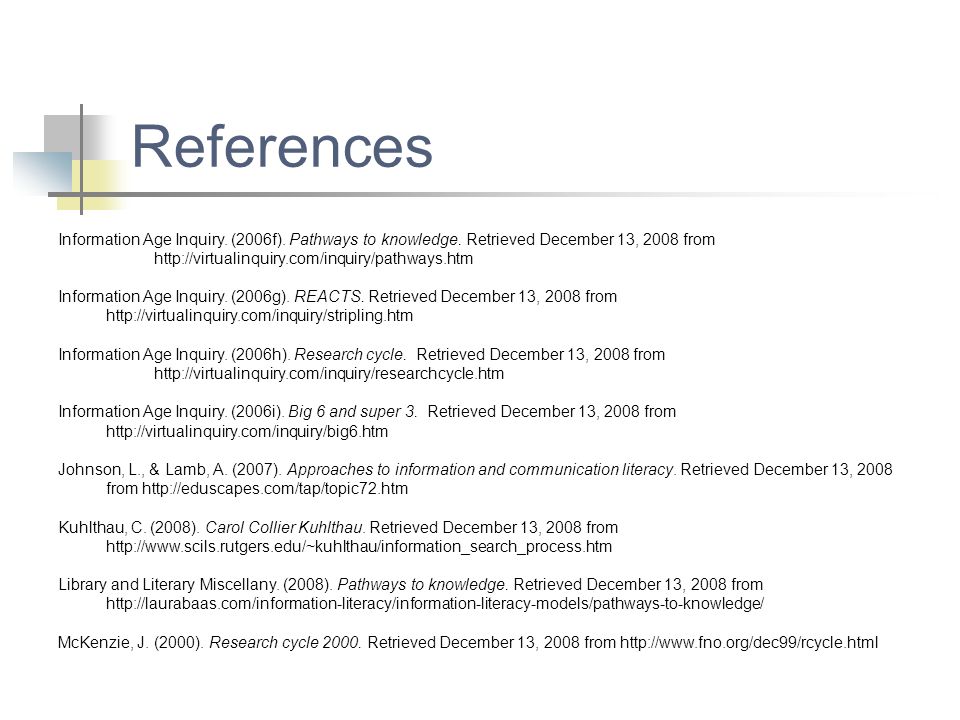 References Information Age Inquiry. (2006f). Pathways to knowledge. Retrieved December 13, 2008 from