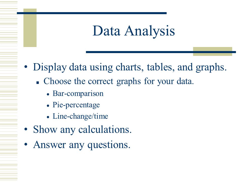Data Analysis Display data using charts, tables, and graphs.