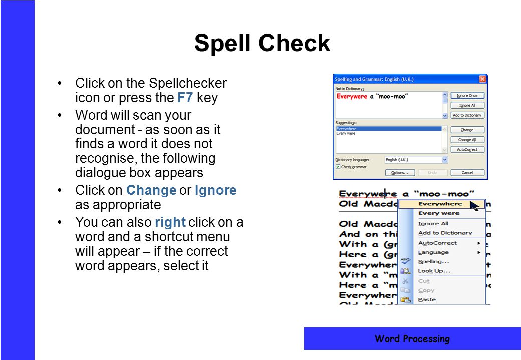Spell Check Click on the Spellchecker icon or press the F7 key