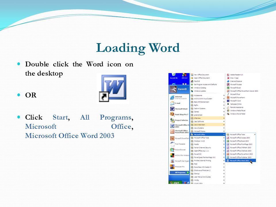 Loading Word Double click the Word icon on the desktop OR