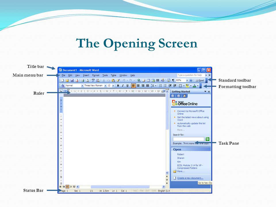 The Opening Screen Main Window Title bar Main menu bar