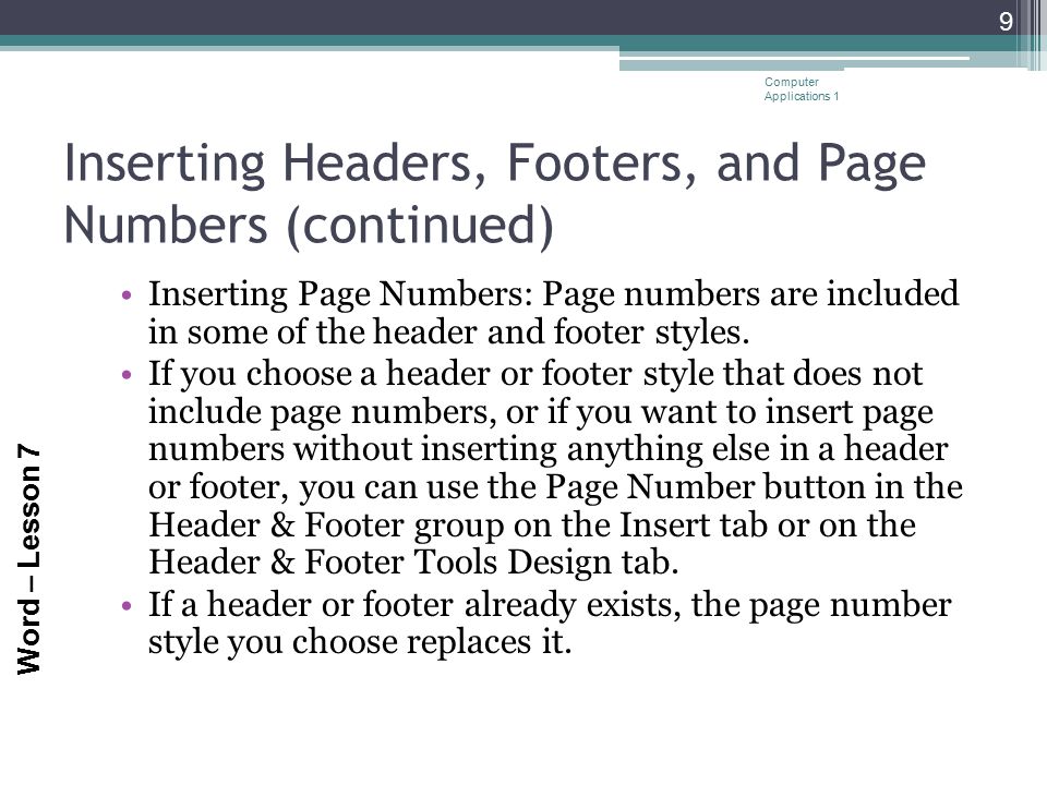 Inserting Headers, Footers, and Page Numbers (continued)