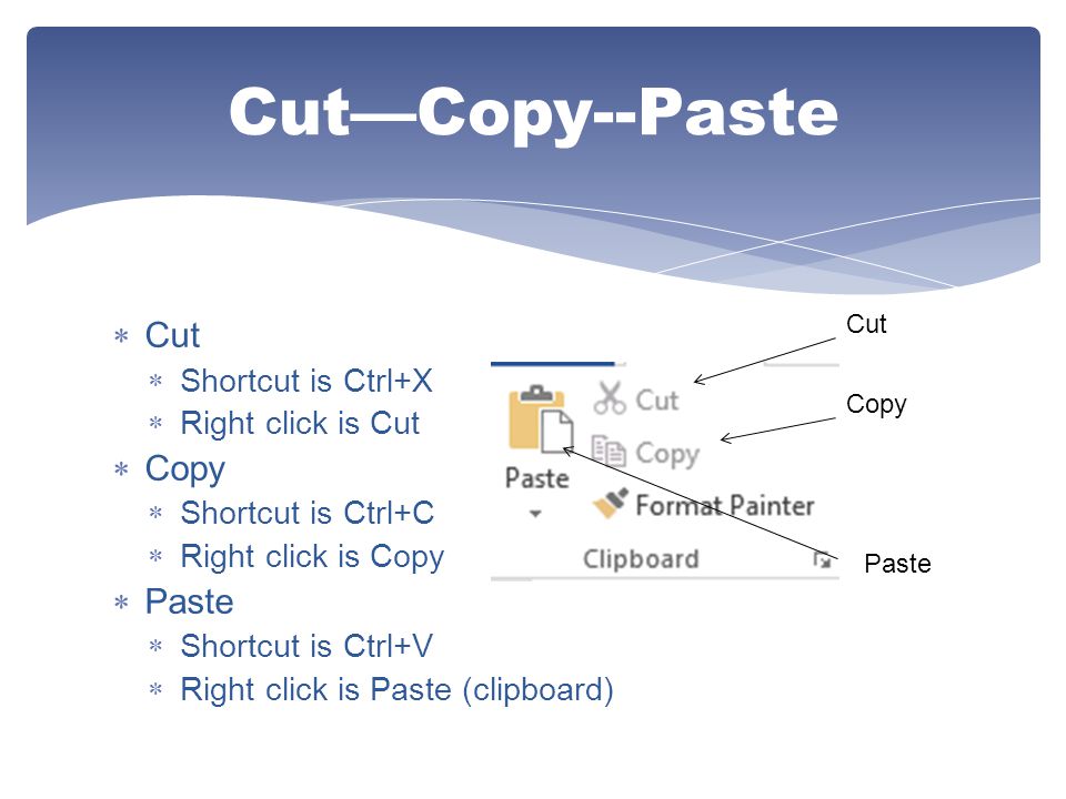 Cut—Copy--Paste Cut Copy Paste Shortcut is Ctrl+X Right click is Cut