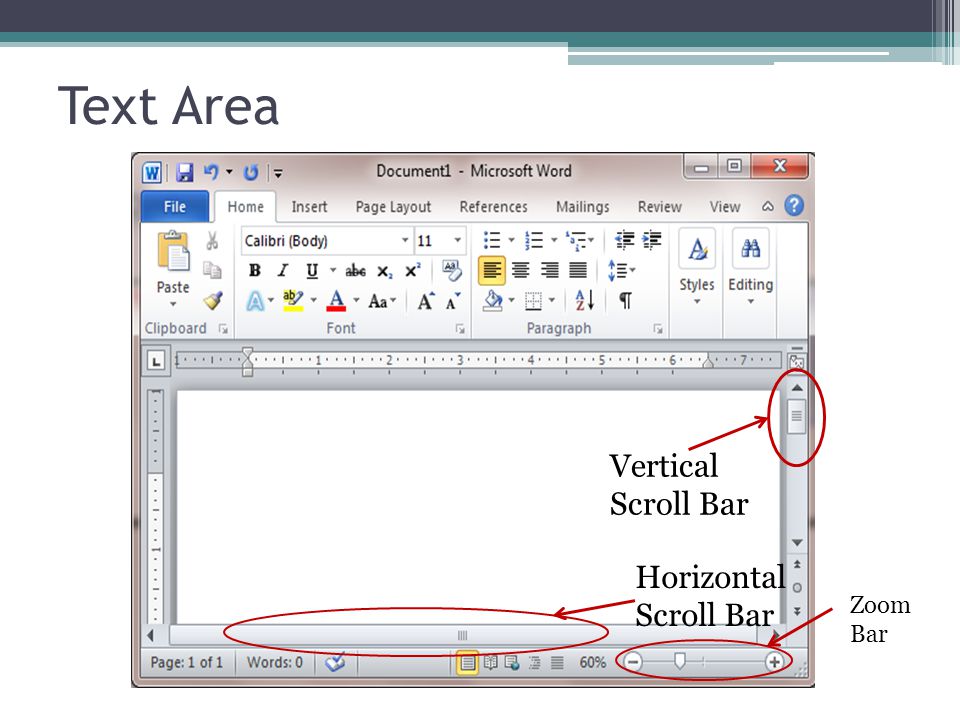 Text Area Vertical Scroll Bar Horizontal Scroll Bar Zoom Bar