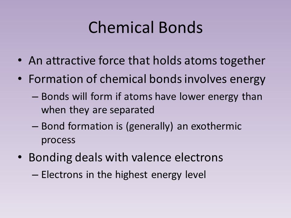Chemical Bonds An attractive force that holds atoms together