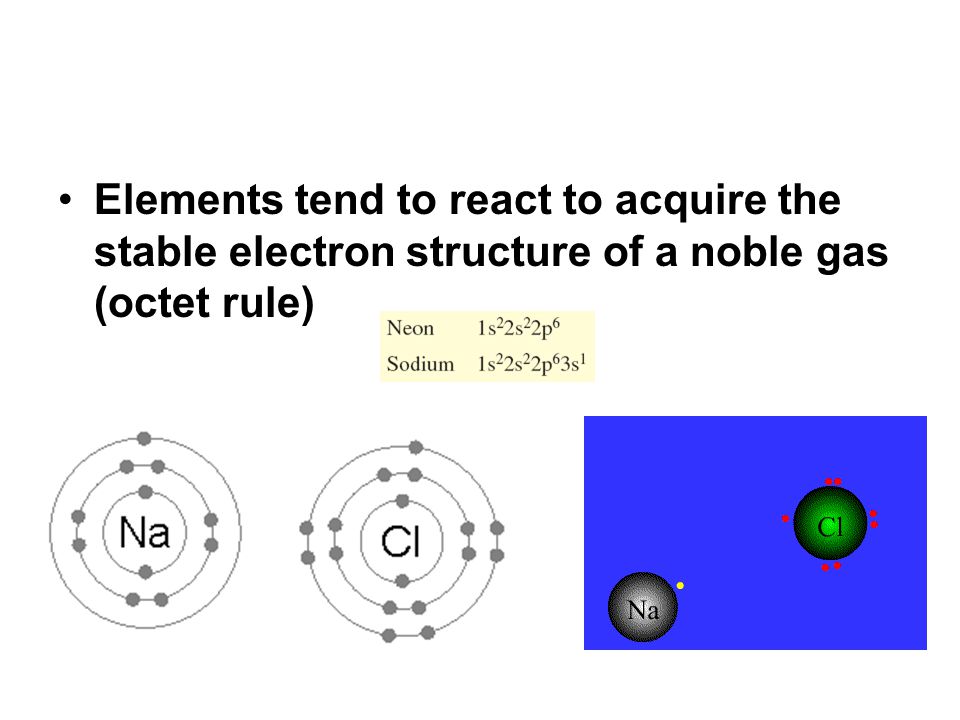 Elements tend to react to acquire the stable electron structure of a noble gas (octet rule)