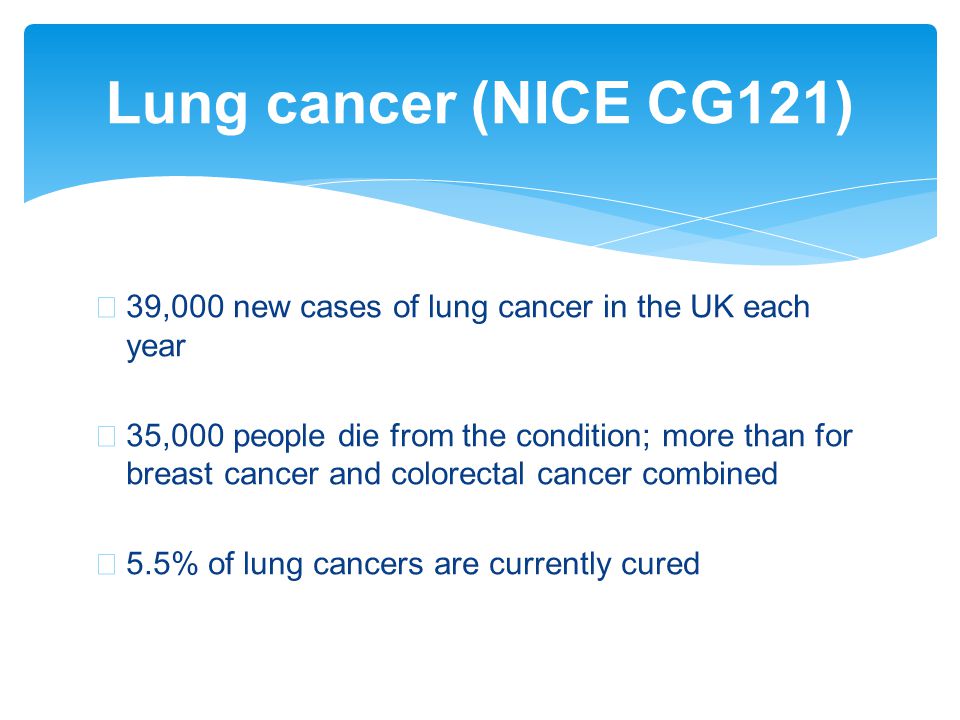 Lung cancer (NICE CG121) 39,000 new cases of lung cancer in the UK each year.