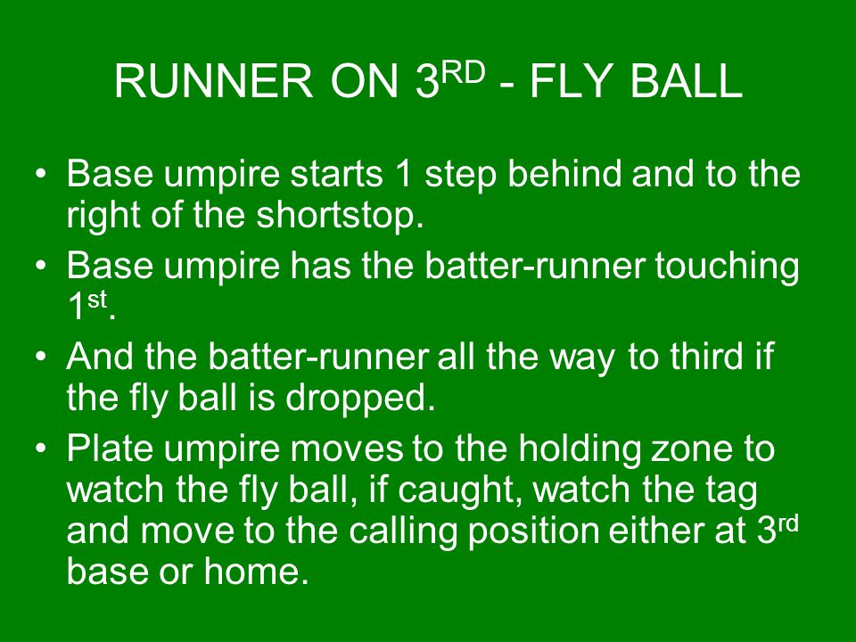 RUNNER ON 3RD - FLY BALL Base umpire starts 1 step behind and to the right of the shortstop. Base umpire has the batter-runner touching 1st.