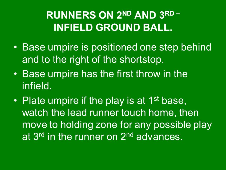 RUNNERS ON 2ND AND 3RD – INFIELD GROUND BALL.
