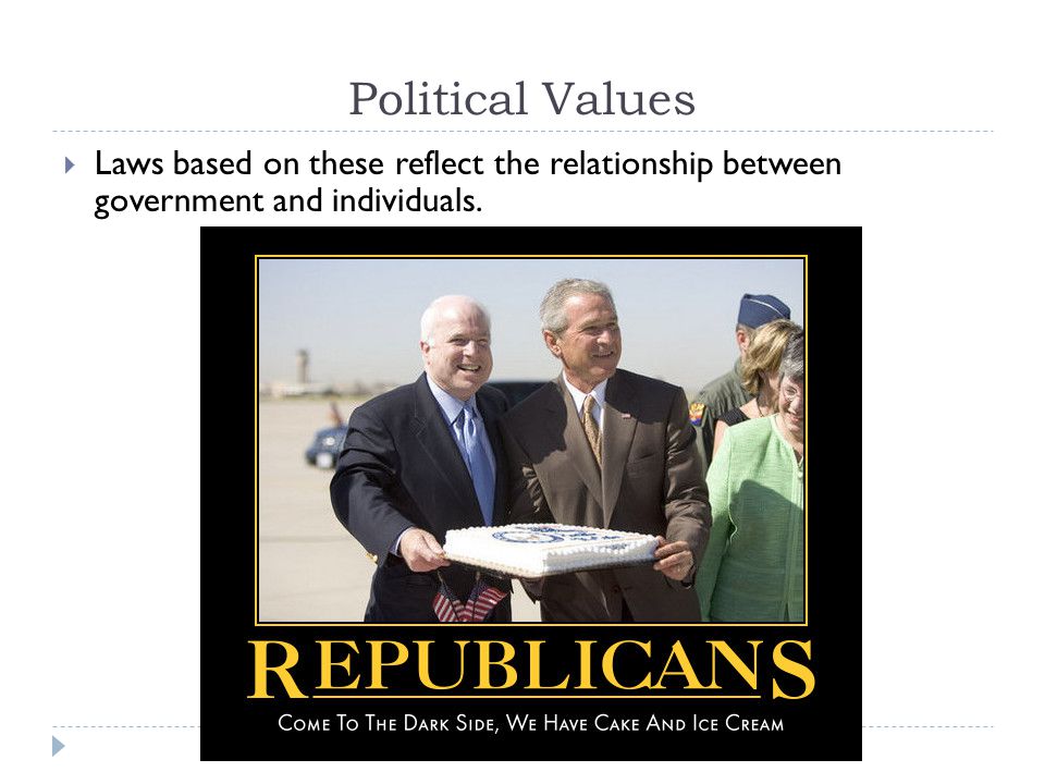 Political Values Laws based on these reflect the relationship between government and individuals.