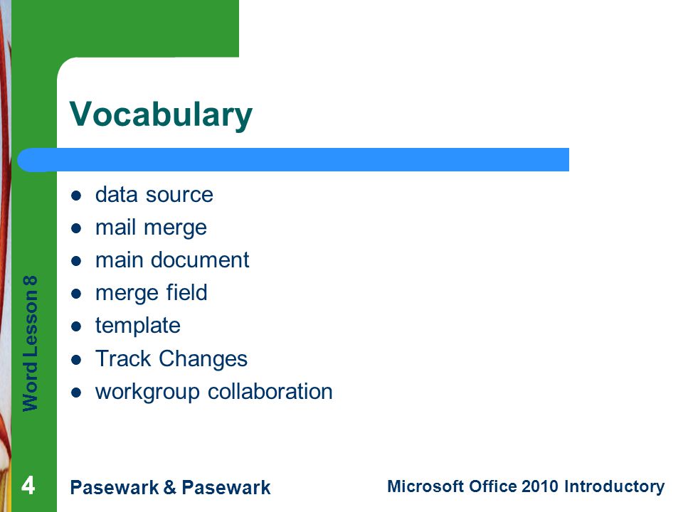 Vocabulary 4 4 data source mail merge main document merge field