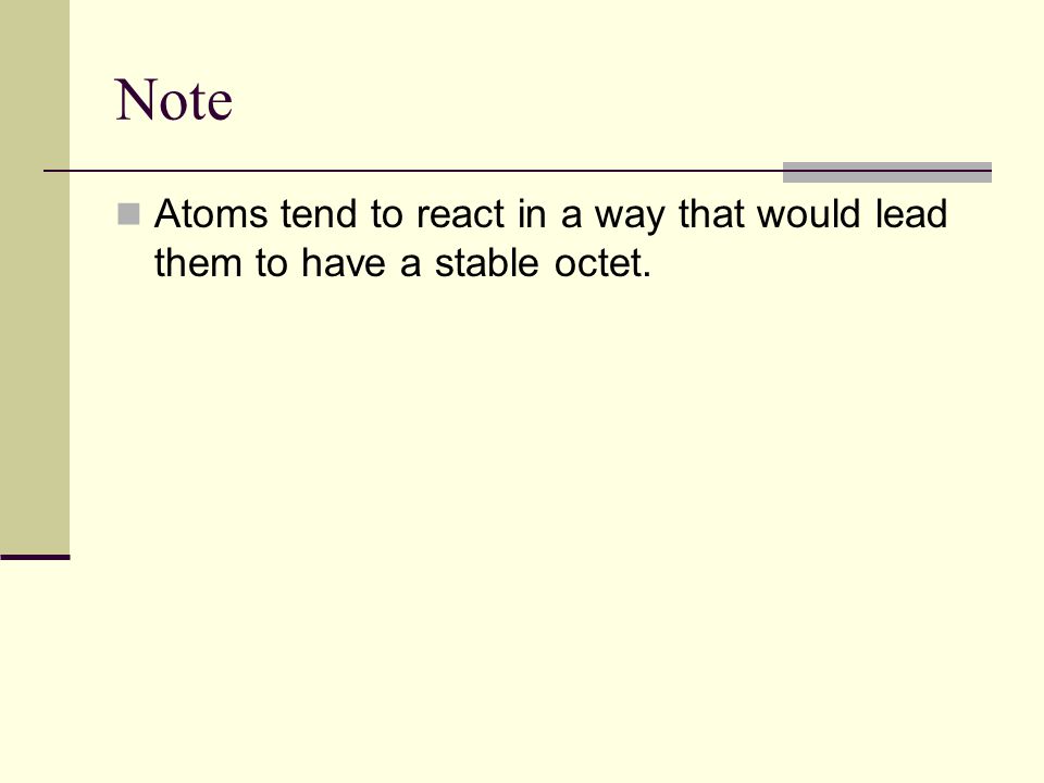 Note Atoms tend to react in a way that would lead them to have a stable octet.