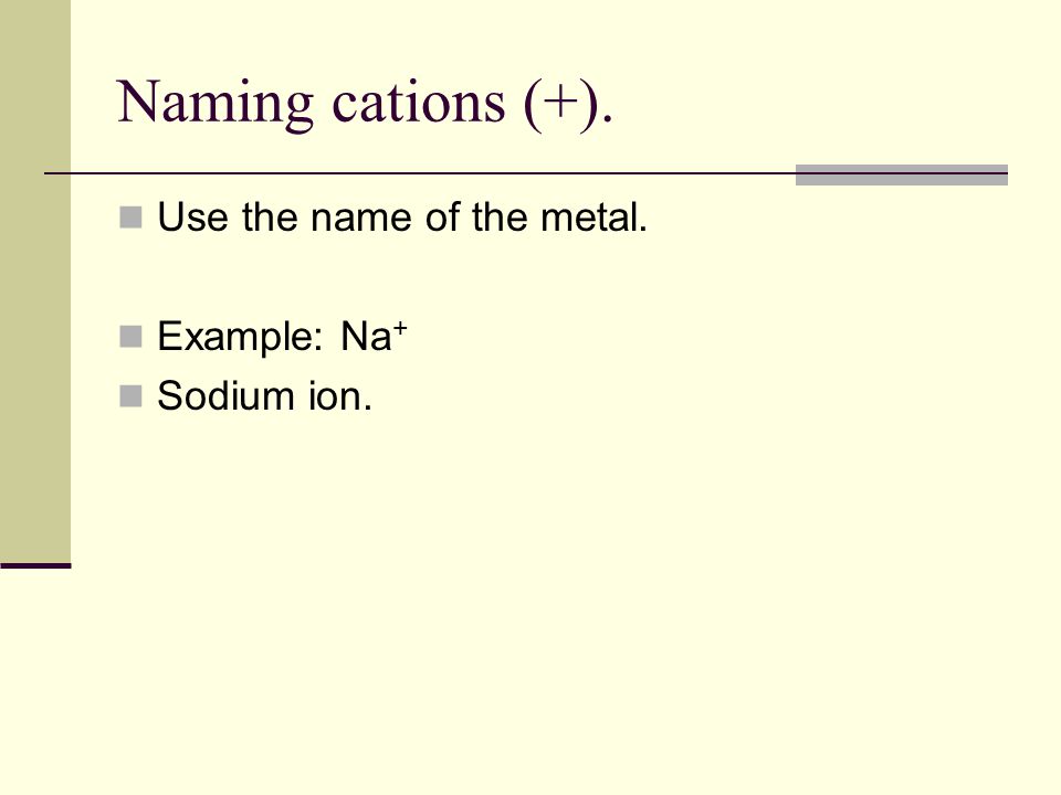 Naming cations (+). Use the name of the metal. Example: Na+