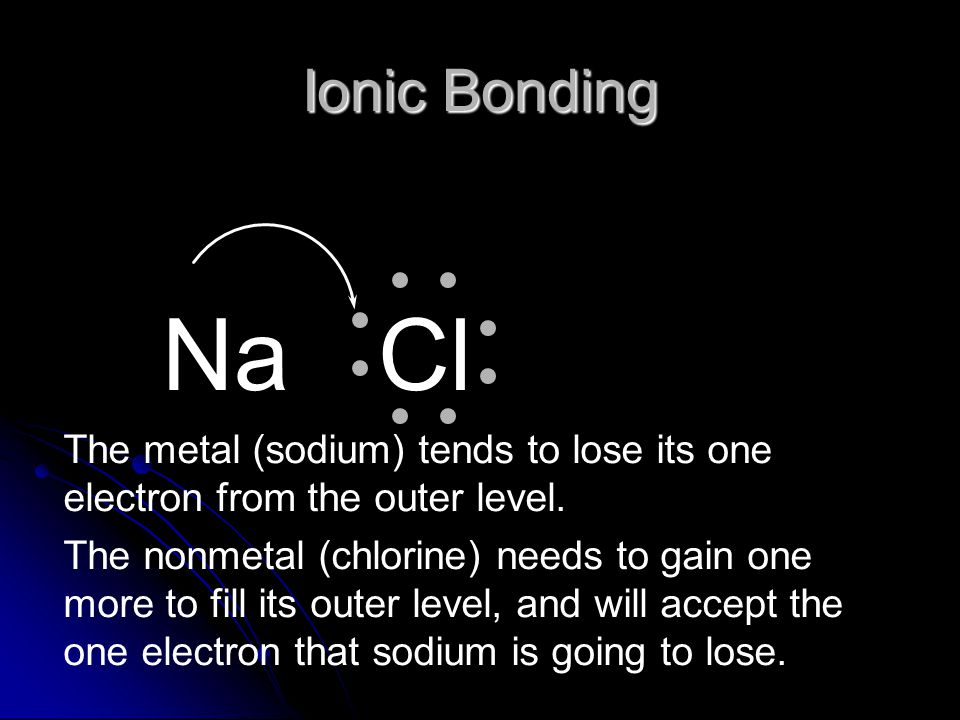 Ionic Bonding Na. Cl. The metal (sodium) tends to lose its one electron from the outer level.