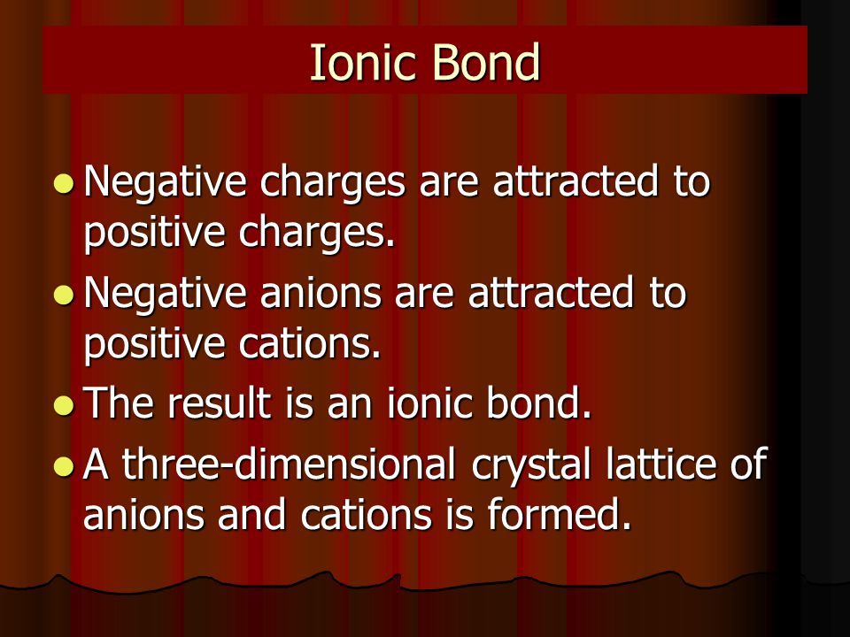 Ionic Bond Negative charges are attracted to positive charges.