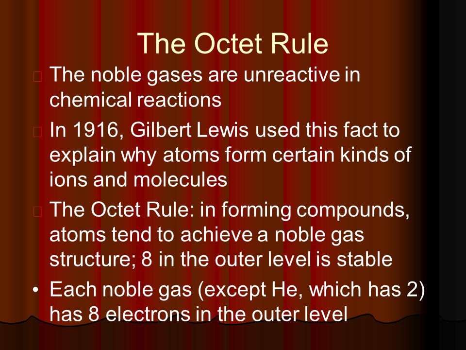 The Octet Rule The noble gases are unreactive in chemical reactions