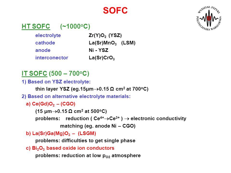 SOFC HT SOFC (~1000oC) IT SOFC (500 – 700oC) electrolyte Zr(Y)O2 (YSZ)