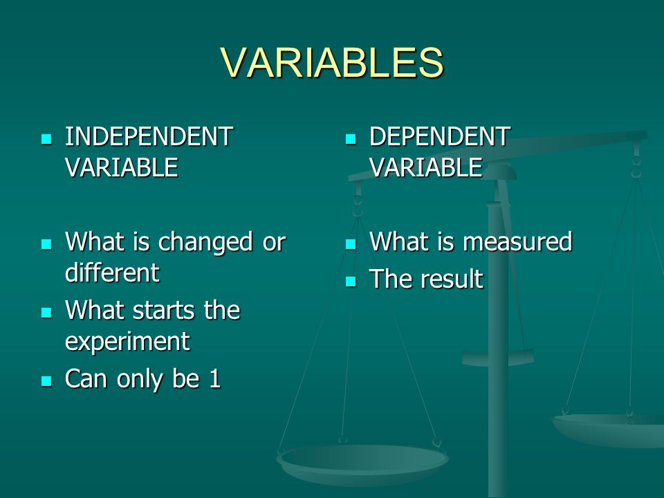 VARIABLES INDEPENDENT VARIABLE What is changed or different