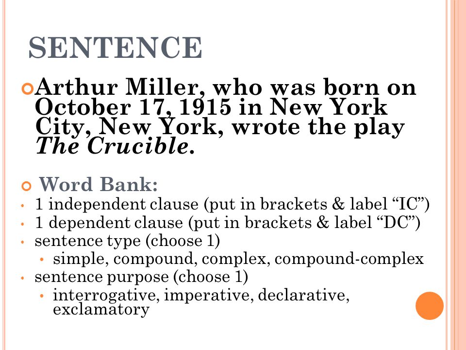 SENTENCE Arthur Miller, who was born on October 17, 1915 in New York City, New York, wrote the play The Crucible.