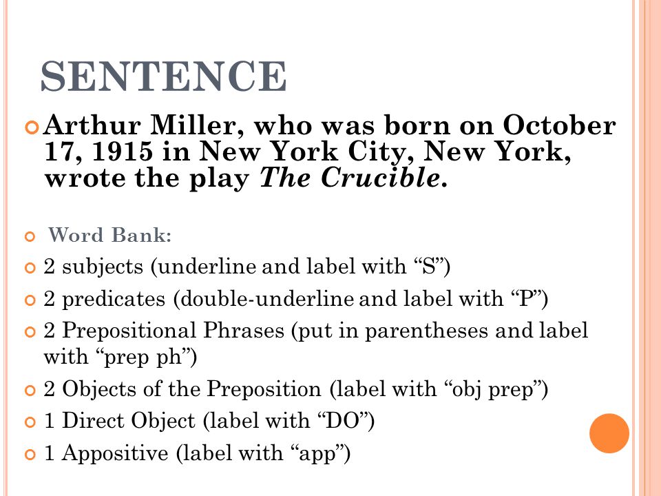 SENTENCE Arthur Miller, who was born on October 17, 1915 in New York City, New York, wrote the play The Crucible.