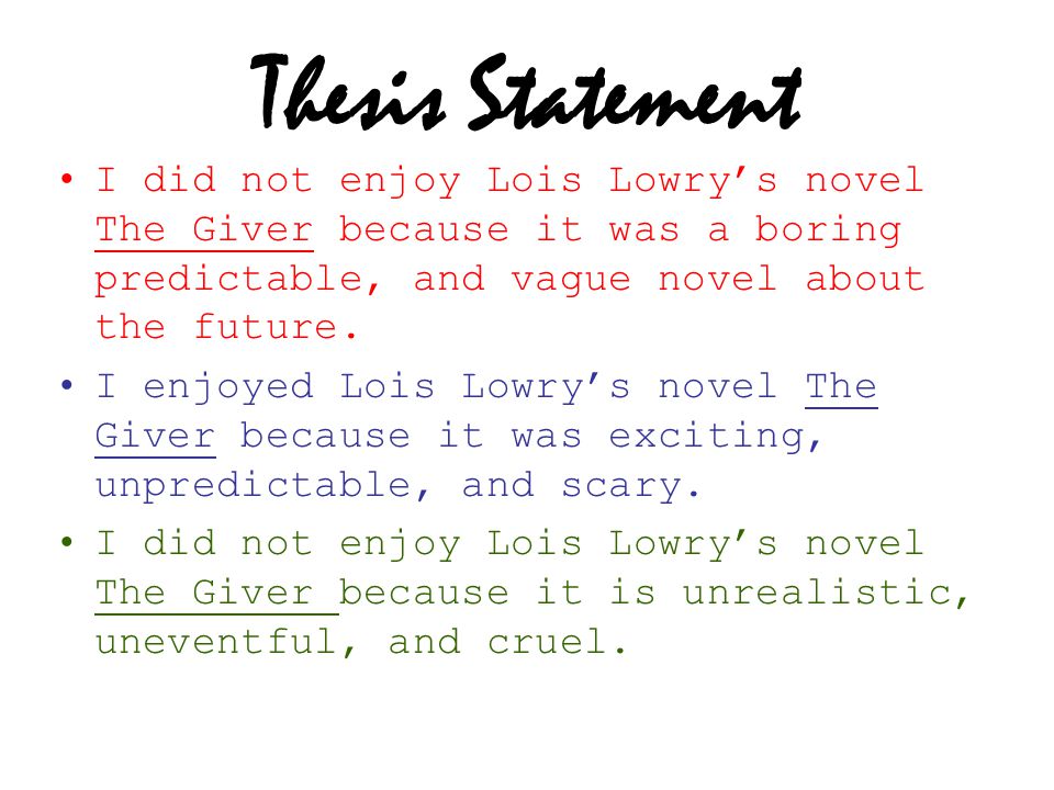 Thesis Statement I did not enjoy Lois Lowry’s novel The Giver because it was a boring predictable, and vague novel about the future.