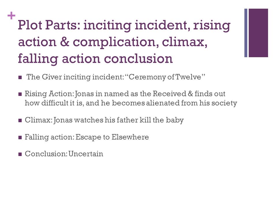 Plot Parts: inciting incident, rising action & complication, climax, falling action conclusion