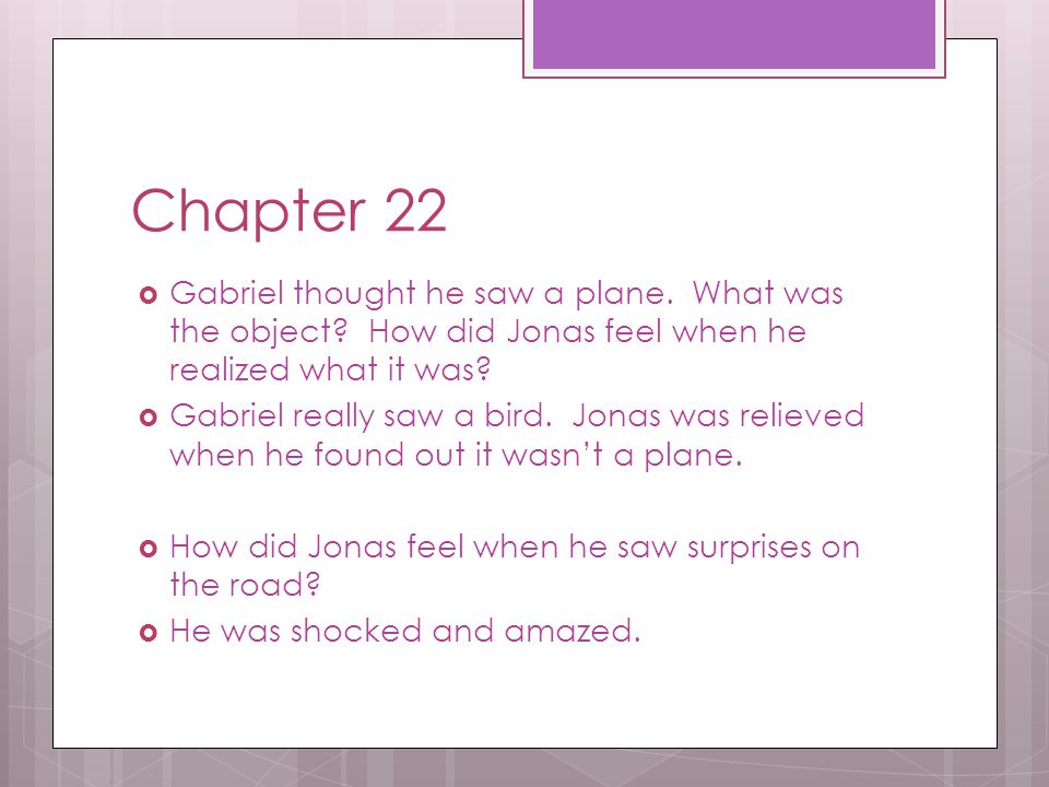 Chapter 22 Gabriel thought he saw a plane. What was the object How did Jonas feel when he realized what it was