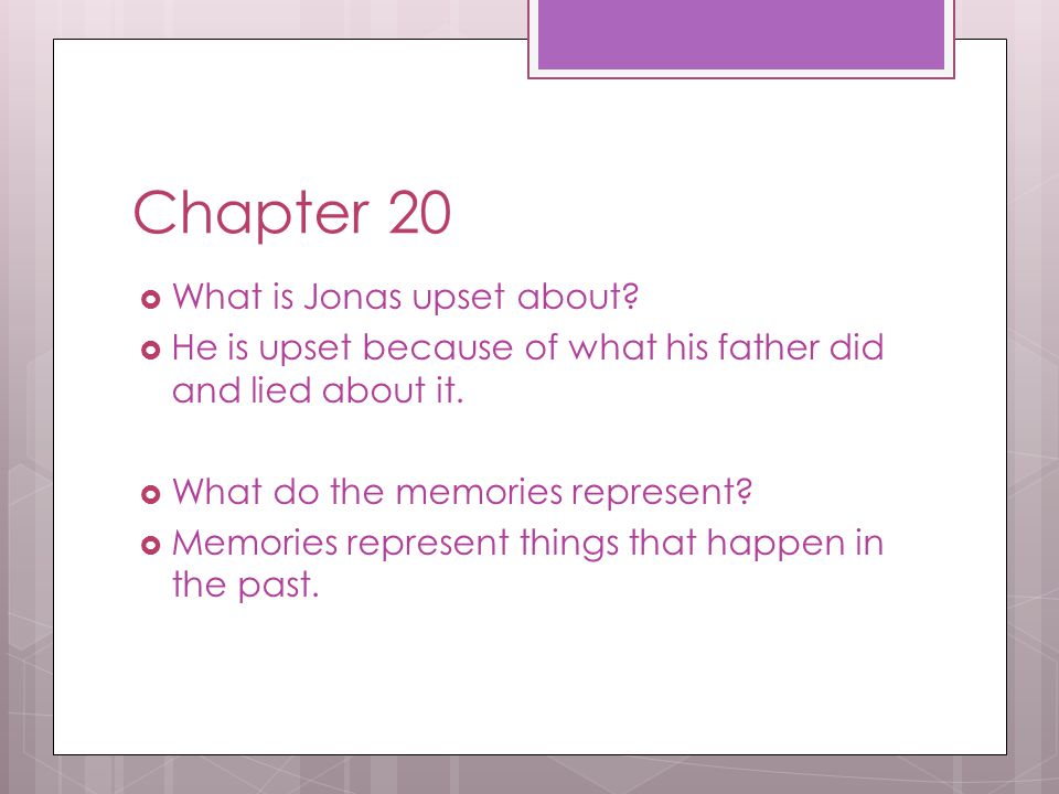 Chapter 20 What is Jonas upset about
