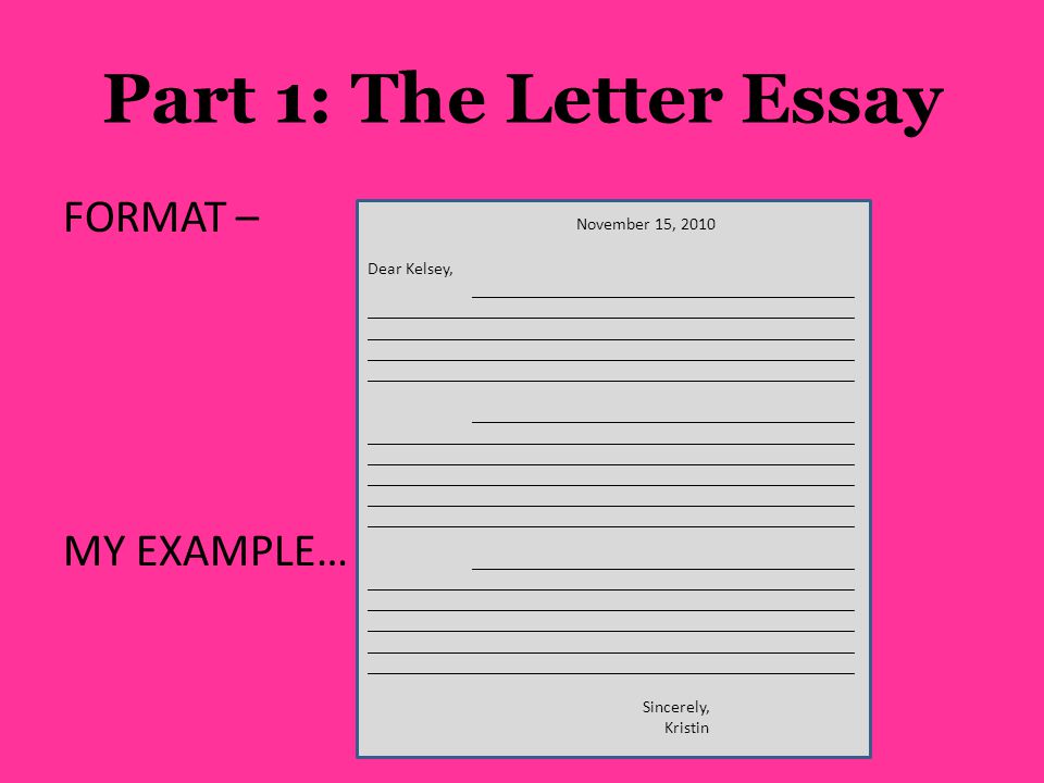 Part 1: The Letter Essay FORMAT – MY EXAMPLE… November 15, 2010