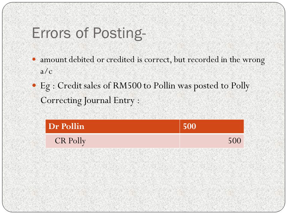 Errors of Posting- amount debited or credited is correct, but recorded in the wrong a/c. Eg : Credit sales of RM500 to Pollin was posted to Polly.