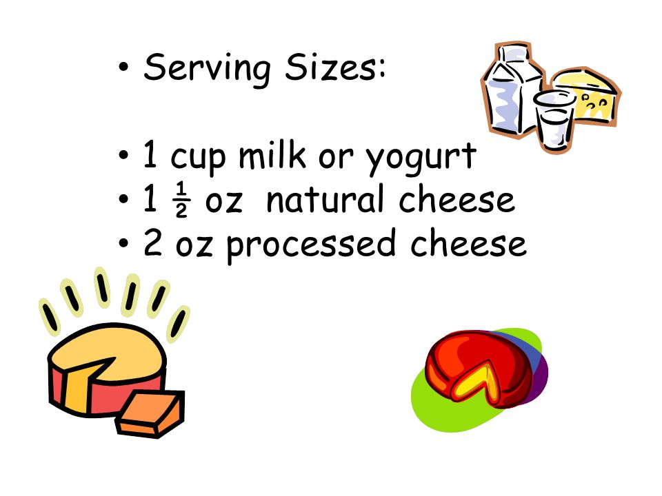 Serving Sizes: 1 cup milk or yogurt 1 ½ oz natural cheese 2 oz processed cheese
