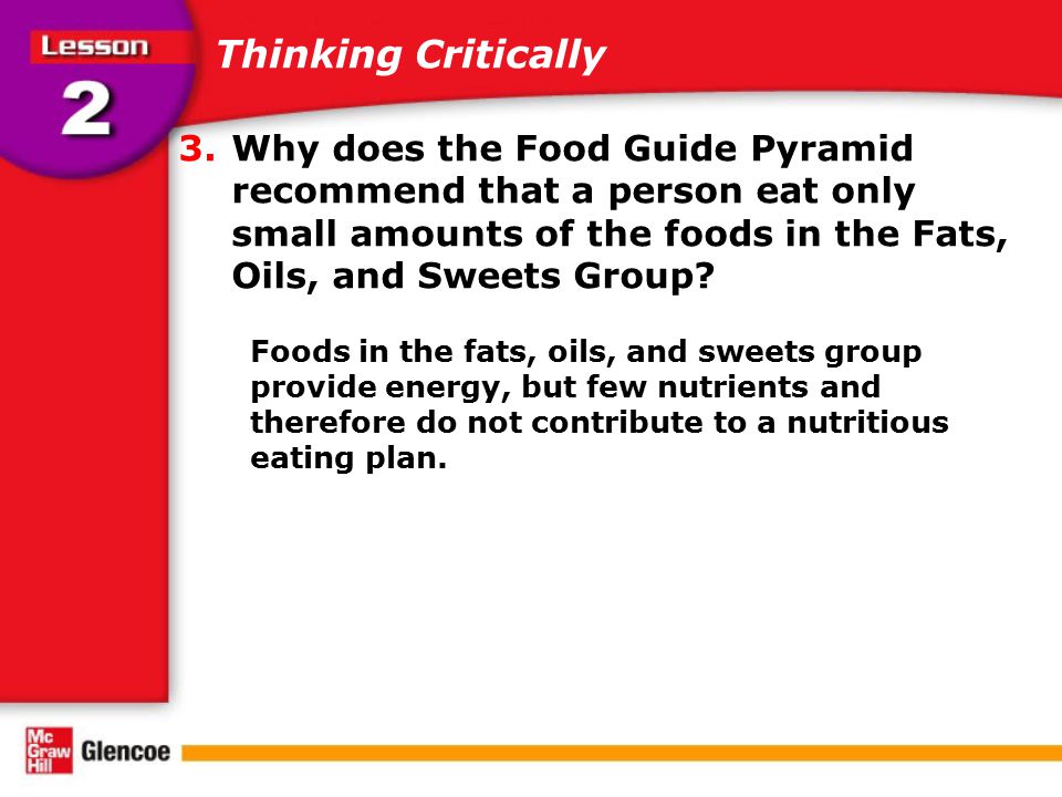 Thinking Critically Why does the Food Guide Pyramid recommend that a person eat only small amounts of the foods in the Fats, Oils, and Sweets Group