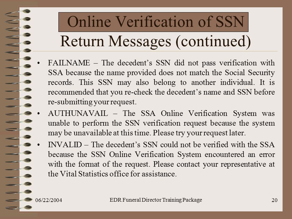 Online Verification of SSN Return Messages (continued)