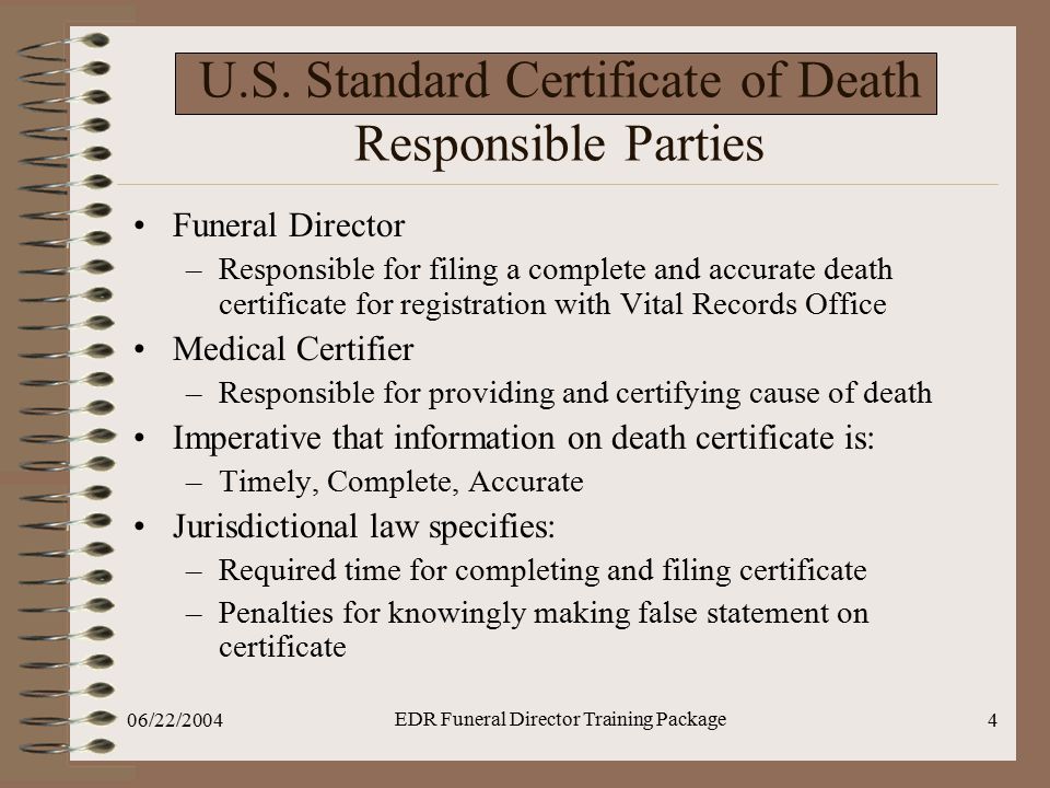 U.S. Standard Certificate of Death Responsible Parties