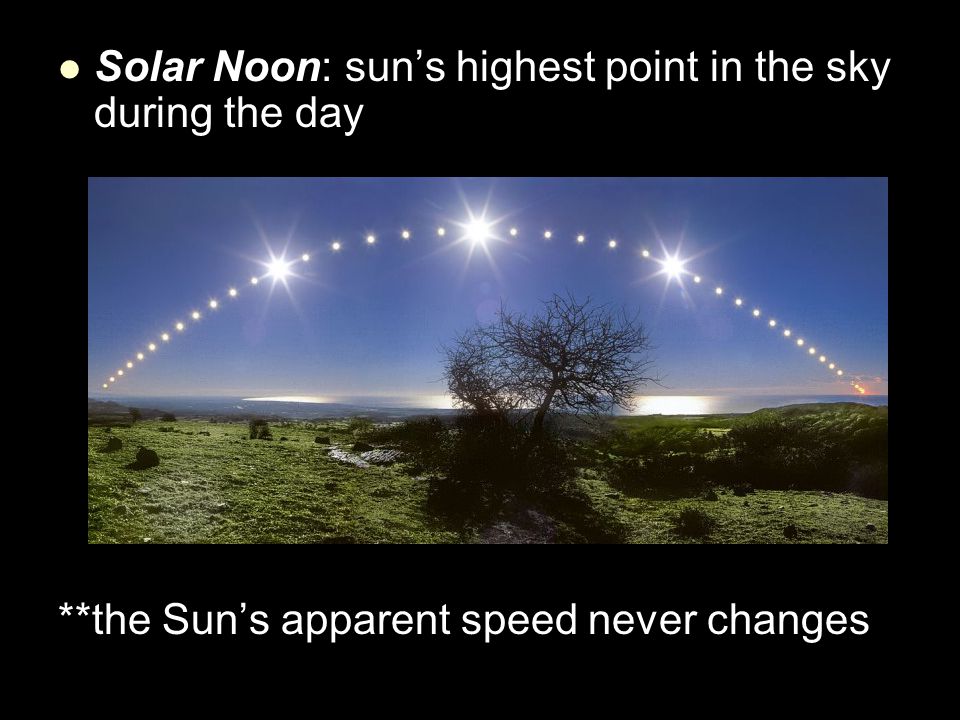 Solar Noon: sun’s highest point in the sky during the day