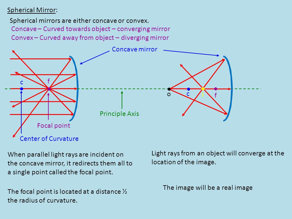 Spherical Mirror: Spherical mirrors are either concave or convex. Concave – Curved towards object – converging mirror.