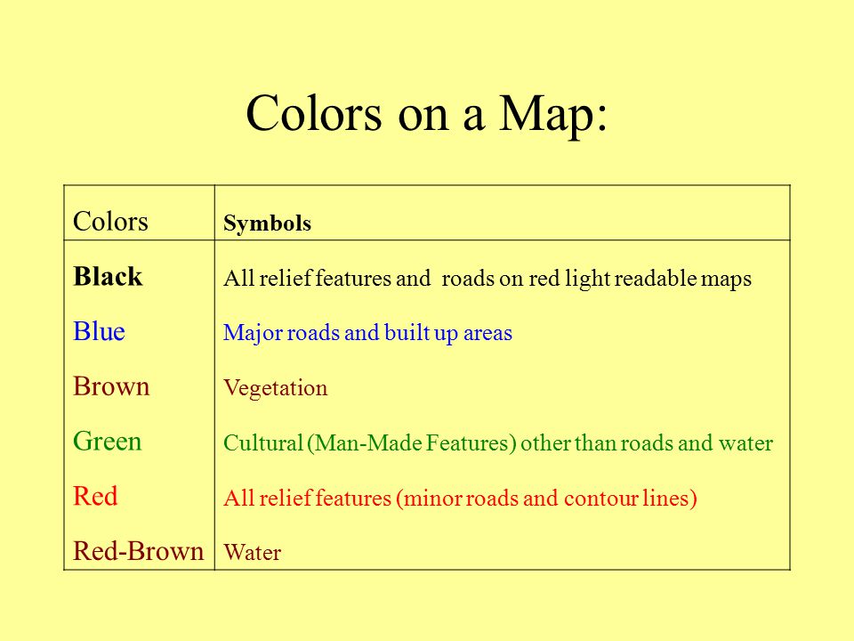 Colors On A Map  Colors Black Blue Brown Green Red Red Brown Symbols 