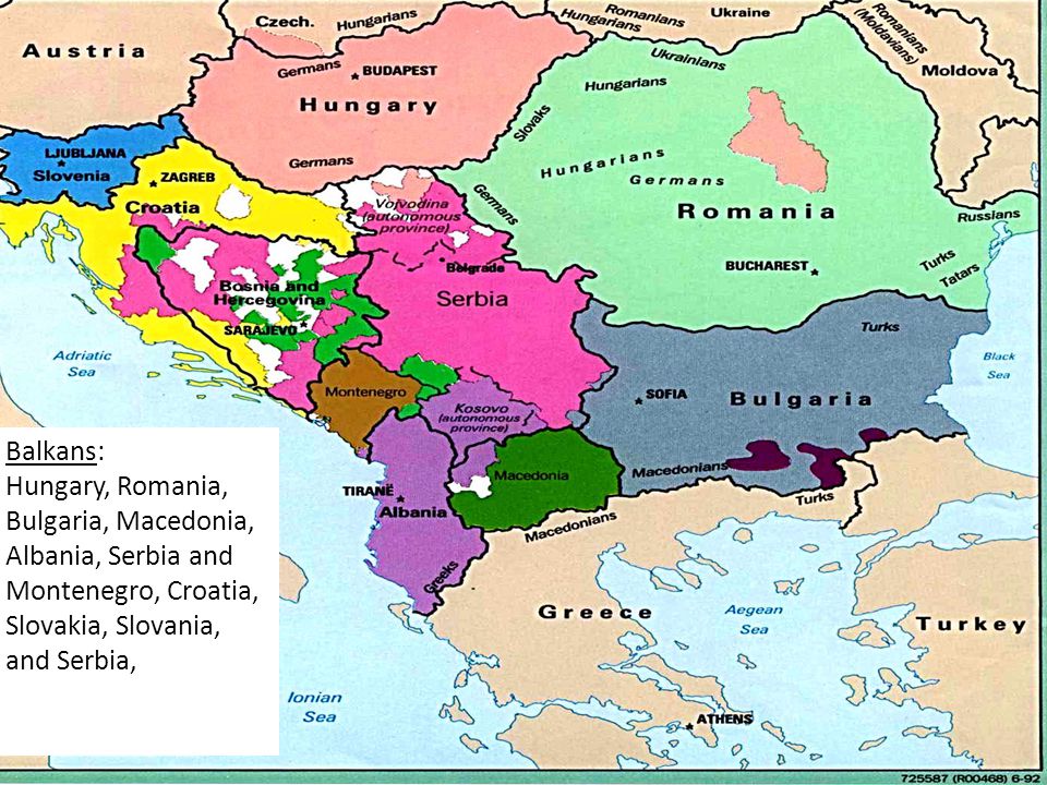 Balkans: Hungary, Romania, Bulgaria, Macedonia, Albania, Serbia and Montenegro, Croatia, Slovakia, Slovania, and Serbia,