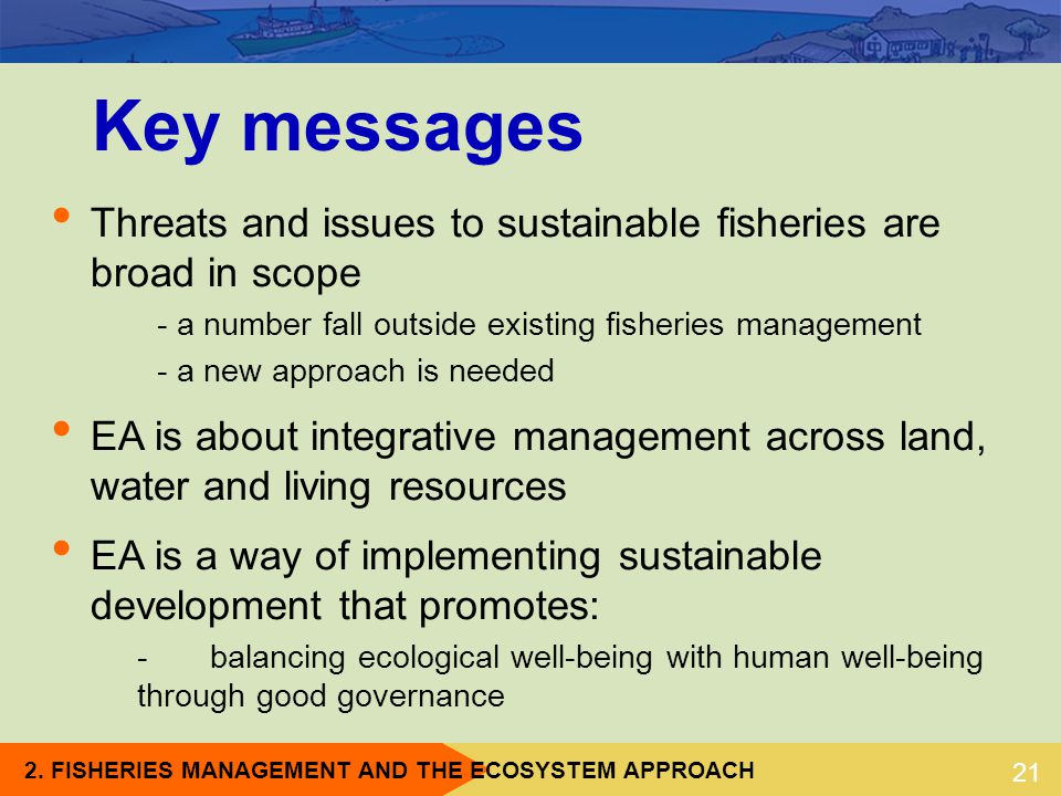 Key messages Threats and issues to sustainable fisheries are broad in scope. - a number fall outside existing fisheries management.