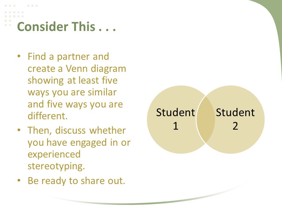 Consider This Find a partner and create a Venn diagram showing at least five ways you are similar and five ways you are different.