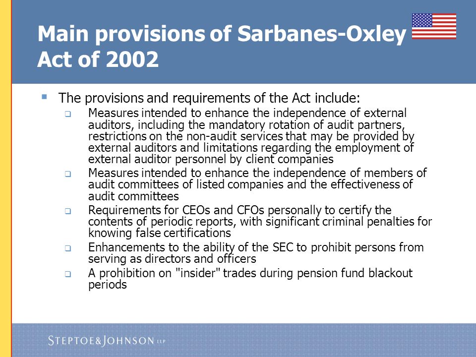 Main provisions of Sarbanes-Oxley Act of 2002