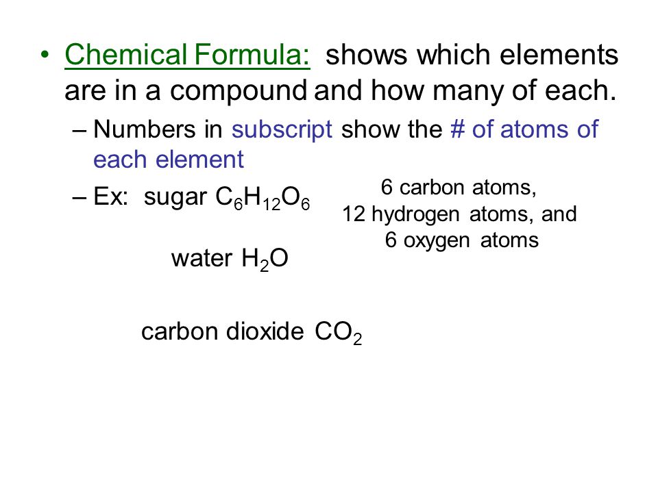 Chemical Formula: shows which elements are in a compound and how many of each.
