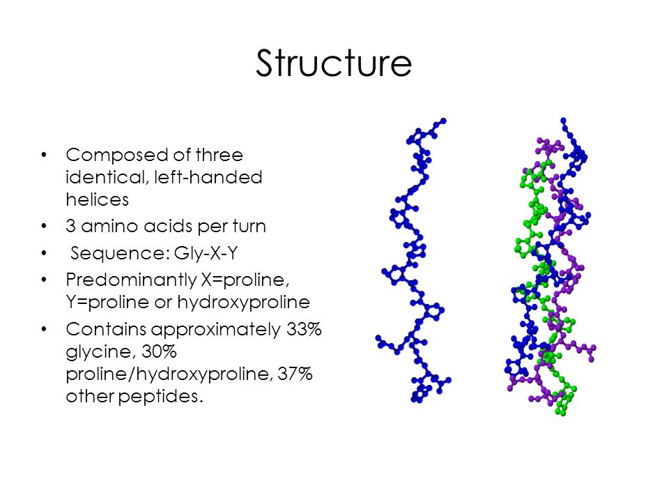 Collagen by Kati Feken Crystal structure of collagen which has three  identical helices shown in blue, green, and purple. Each helix consists of  18 residues. - ppt video online download