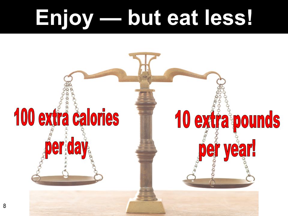 Enjoy — but eat less! 100 extra calories 10 extra pounds per day