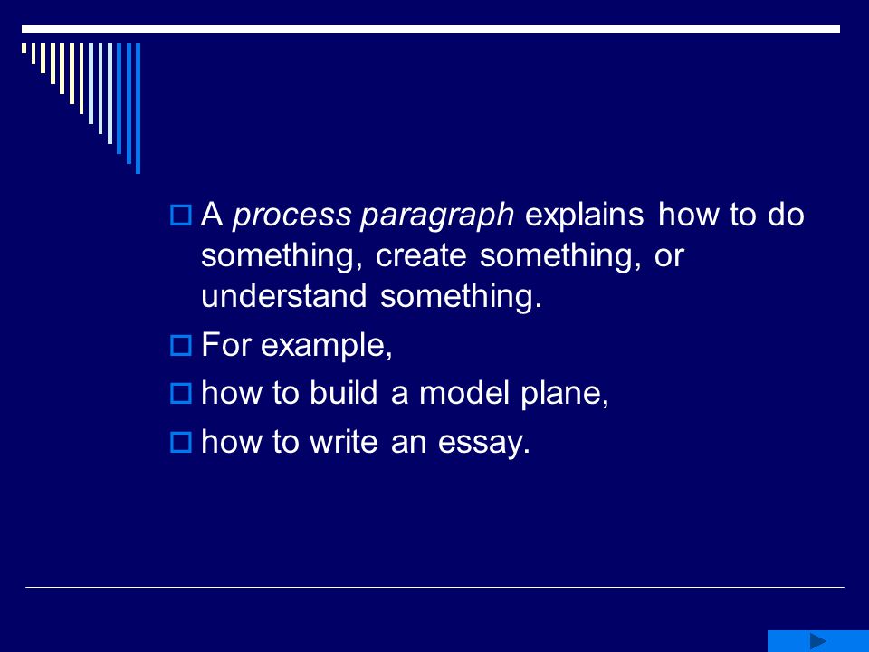 A process paragraph explains how to do something, create something, or understand something.