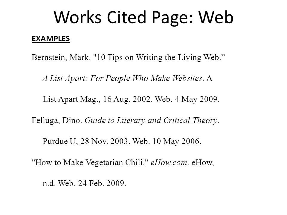 Works Cited Page: Web EXAMPLES