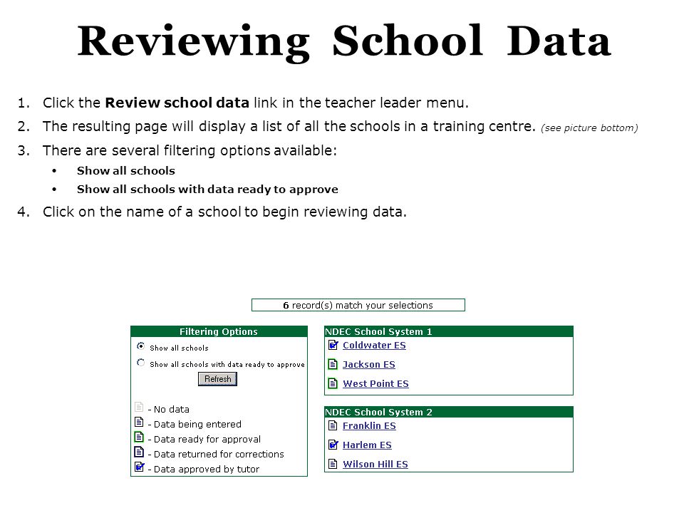 Reviewing School Data Click the Review school data link in the teacher leader menu.
